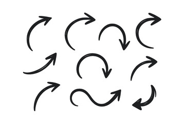 Obraz premium Curved arrows set, hand-drawn brush stroke doodle arrows collection. Circular, looping direction pointers, turnaround indicators, black sketch vector icons on transparent background