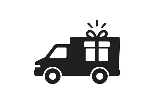 Gift delivery truck icon silhouette. Express courier van with wrapped present on roof, fast shipping service for holiday or birthday ecommerce logistics illustration isolated