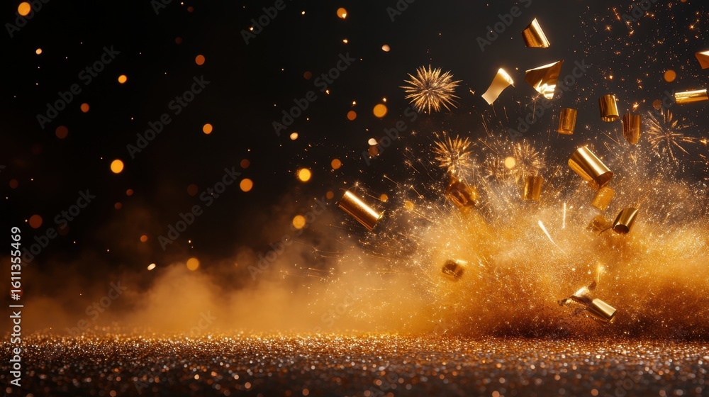 Poster golden fireworks explosion with sparkling particles in a dark background
