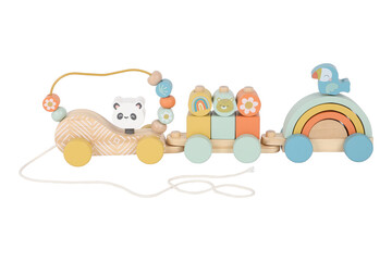 Wooden rainbow train toy with beads and animal figures isolated on transparent background