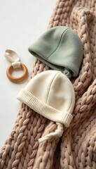 Generative AI Two infant hats and a wooden ring toy resting on a chunky knit blanket showcasing