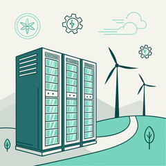 Teal Green Servers and Wind Turbines Sustainable Energy Illustration