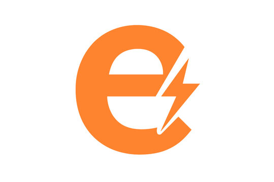 Electric power letter E lightning bolt logo icon vector. Orange energy flash monogram alphabet e emblem. Electricity charge symbol for brand identity or renewable energy company - Powered by Adobe