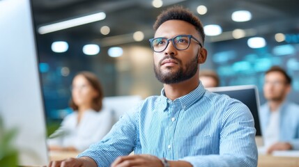 A focused young man with glasses works intently on a computer in a modern office, with colleagues blurred in the background.