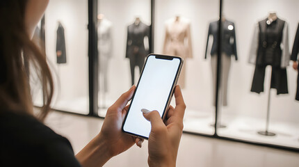 Hands holding smartphone with blank screen in shopping mall