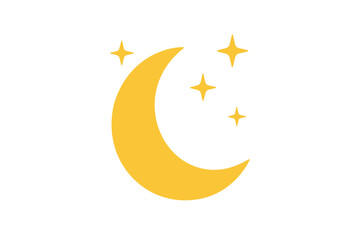 Golden crescent moon with sparkling stars flat icon on transparent background, minimalist night sky celestial symbol for weather forecast, sleep time, nursery decor illustration