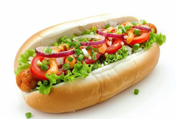A freshly prepared hot dog topped with lettuce, tomatoes, onions, and sauce, served on a soft bun.