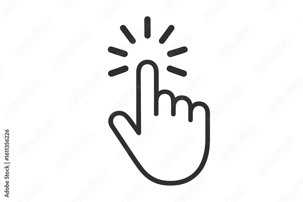 Poster hand click cursor pointer icon with tap gesture rays. black line art mouse hand click symbol. touch 