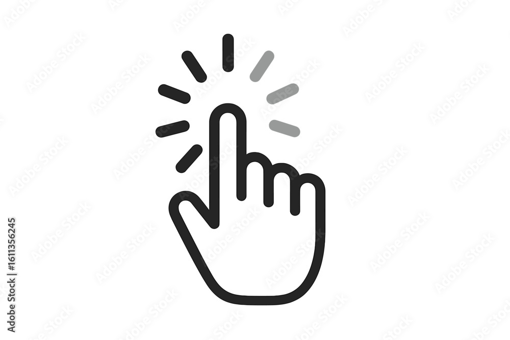 Fototapete hand cursor click icon: finger pressing mouse pointer with radiating click lines, black outline vect