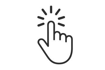 Hand click cursor pointer icon with tap gesture rays. Black line art mouse hand click symbol. Touch screen mobile app UI UX, loading animation element on transparent background