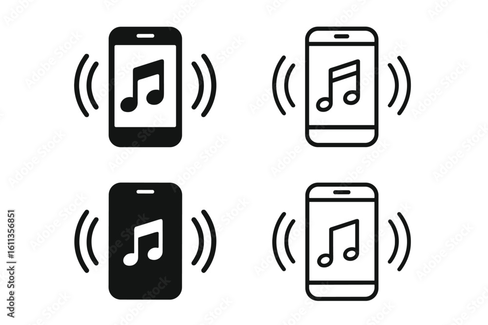 Poster smartphone vibration and ringtone icon set – ringing phone symbols with musical note, shaking alert 