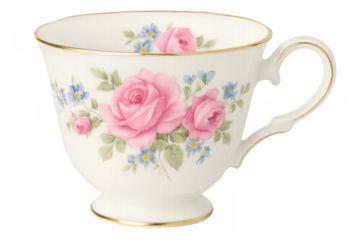White teacup decorated with pink roses and small blue flowers, featuring gold trim, isolated on a transparent background
