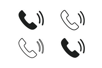 Obraz premium Phone vibration and ringing call icon set – solid silhouette and outline telephone handset symbols with sound wave lines, incoming call alert vector graphic for UI and mobile apps