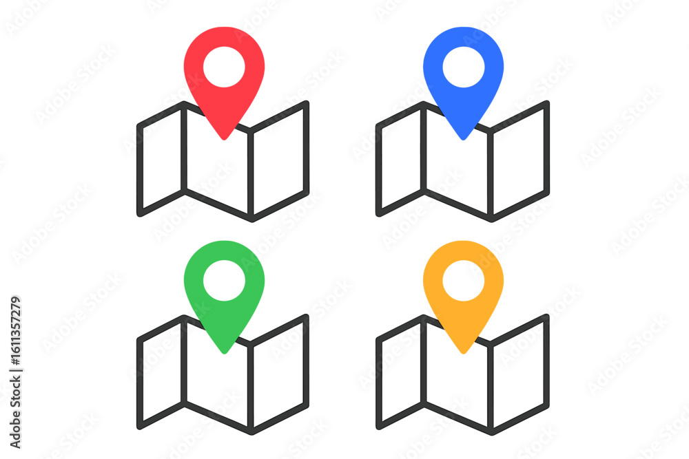Poster colorful map marker icons set, red blue green yellow gps location pin pointers on folded map symbol,