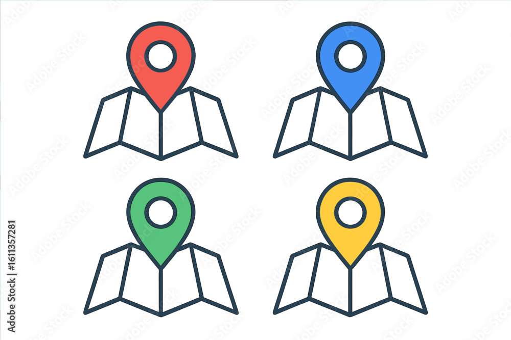 Poster gps location pin marker icons set, multicolor map pointers, navigation symbols pack, destination geo