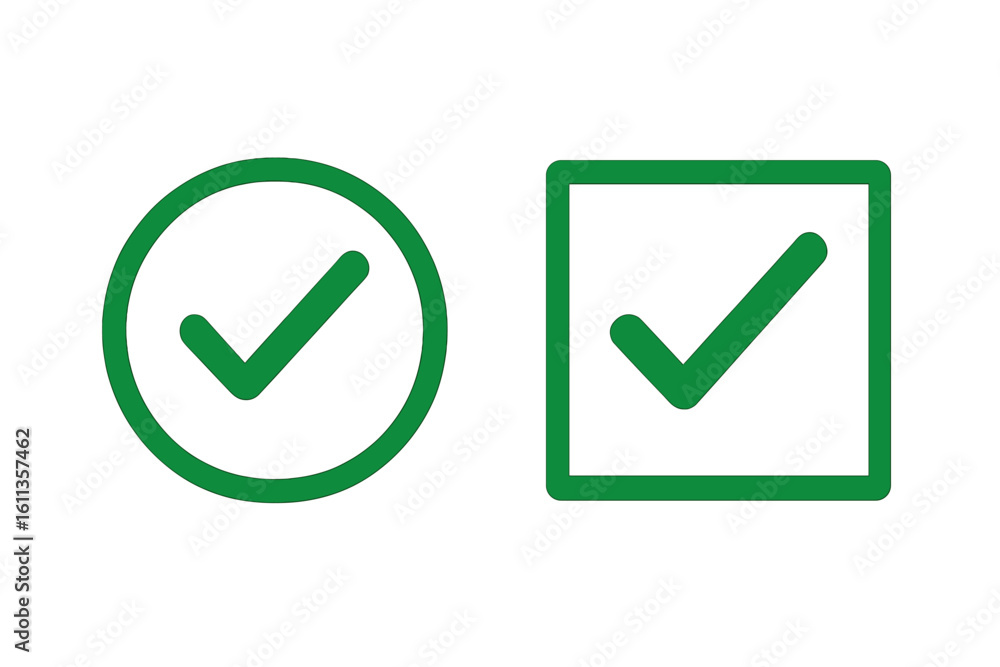 Poster green check mark icons set – round circle tick and square checkbox symbol, approval and confirmation