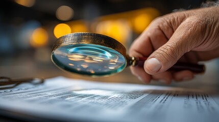 A hand holds a magnifying glass over a document, enlarging text for detailed reading, with blurred warm lights in the background.