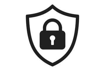 Cyber security shield icon with padlock silhouette symbol. Data protection, privacy lock emblem, antivirus firewall defense, secure login authentication guard vector illustration