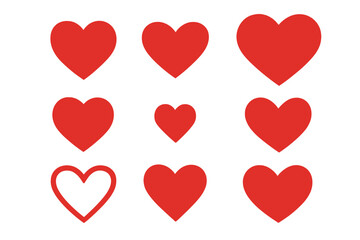 Red heart icon collection, flat and outline love symbols set for Valentine’s Day greeting design, assorted hearts, clip art vector illustration isolated on transparent background