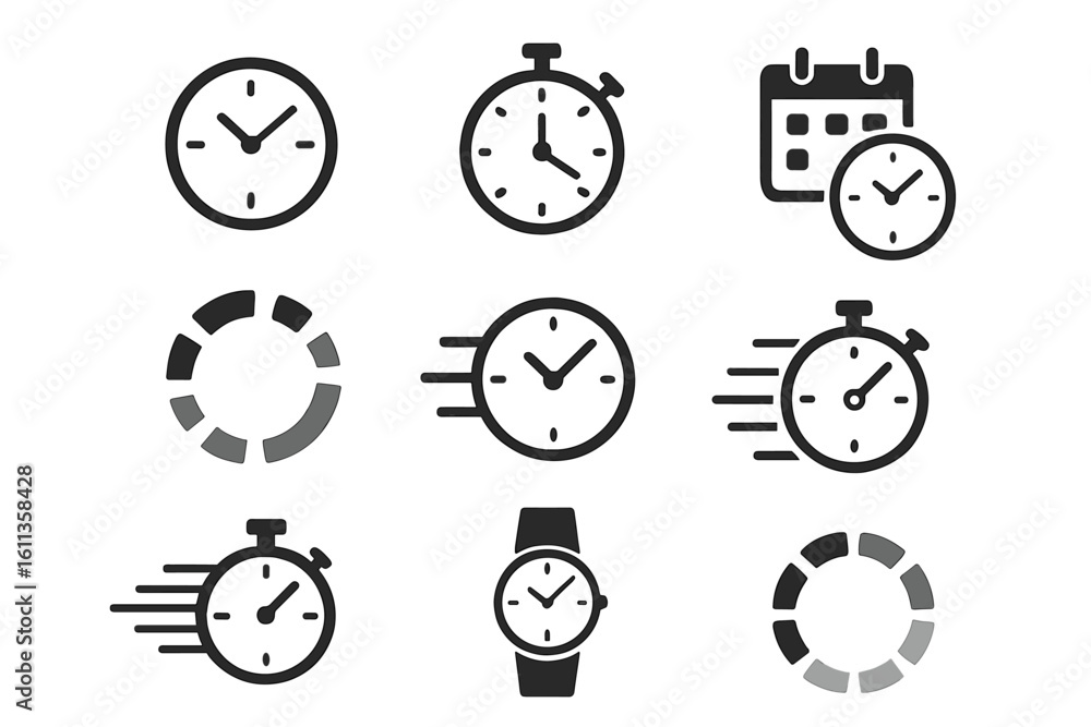 Poster time management icons set. stopwatch, wall clock, fast timer, loading progress circle, calendar sche