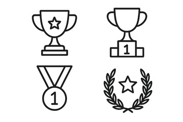 Outline trophy, medal, podium cup and laurel wreath icons set — linear award symbols for winner, champion, achievement, success, victory, prize, editable stroke vector isolated
