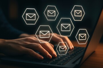 Hands typing on a laptop with glowing email icons floating around