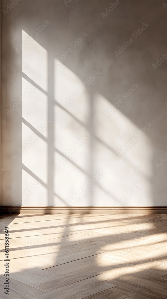 Poster sunlight streams through a window casting shadows on the floor