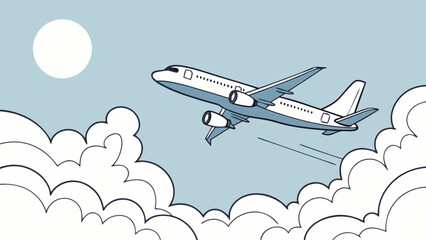 Airplane flying in a blue sky with clouds and a sun in a cartoon style illustration in vector format
