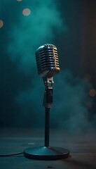 Generative AI Vintage Microphone on Stage with Moody Lighting and Atmospheric Haze