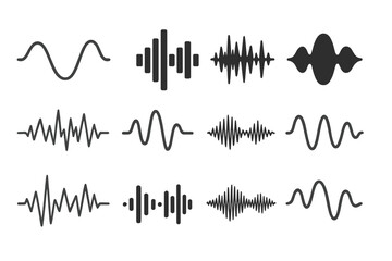 Audio sound waveforms and equalizer bar icons collection, abstract digital and analog frequency pulses, music beat amplitude spectrum, electronic signal oscillation vector set