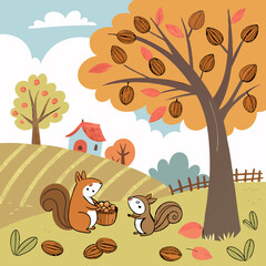 Naklejka premium Two Cute Squirrels Gathering Nuts Under Autumn Tree