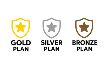Membership plan tier icons set. Gold silver bronze subscription levels. Premium loyalty program badges. Shield star vector illustration. VIP service upgrade symbols