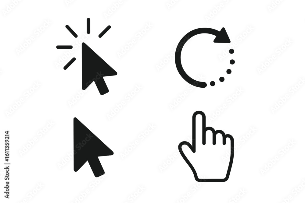 Poster mouse cursor pointer icons set black vector. click loading hand cursors for computer mobile app ui d