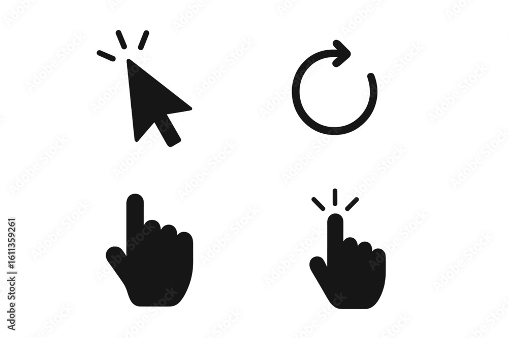 Poster black mouse cursor pointer icons set. click hand loading refresh arrows. computer ui web mobile app 