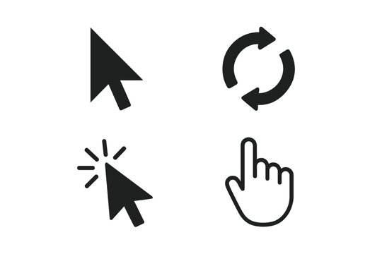 Black mouse cursor pointer set. Click loading arrow hand cursors icon collection for computer mobile app animation UI design. Mouse pointer vector illustration transparent background