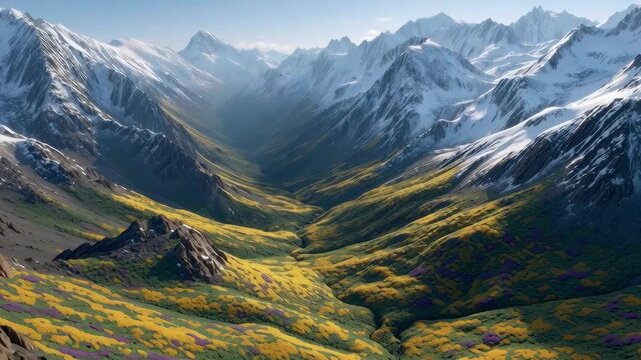 Aerial Snowy Mountains with Wildflowers/雪山と野花の空中映像1