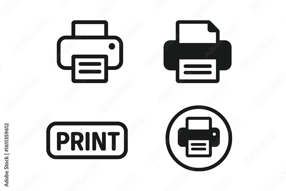 Poster print icon set collection bundle. printer button symbols vector graphics black monochrome design. ui
