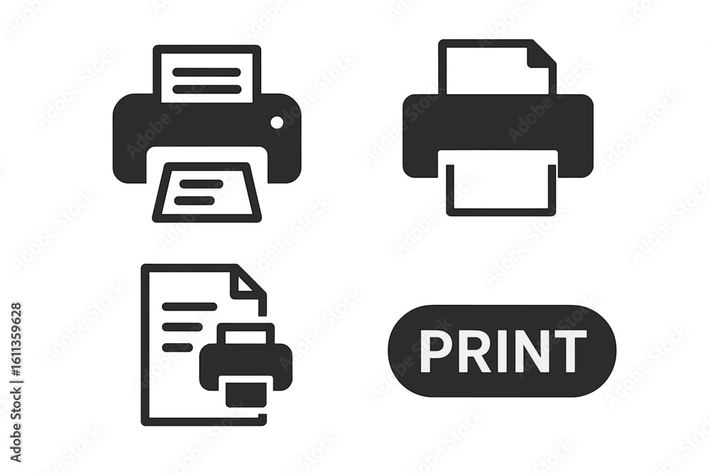 Poster print icon set. printer symbols vector collection. office printing buttons ui elements. document pri