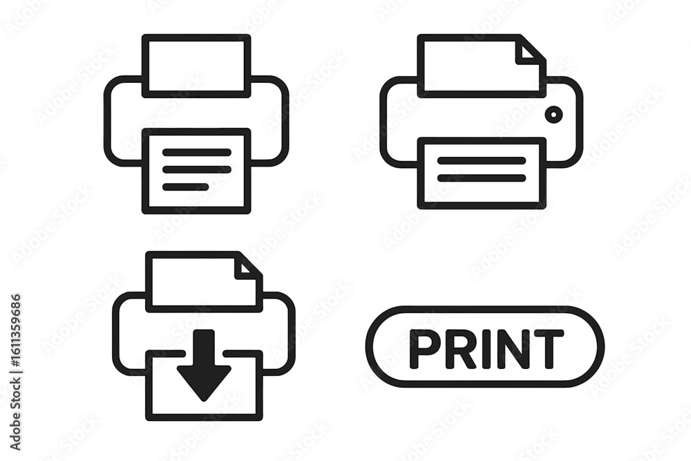 Poster print icon set. printer symbols collection. print button vector icons. office document printing ui e