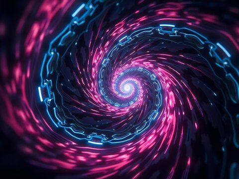 Dynamic Neon Light Swirl Vortex Tunnel with Digital Particles