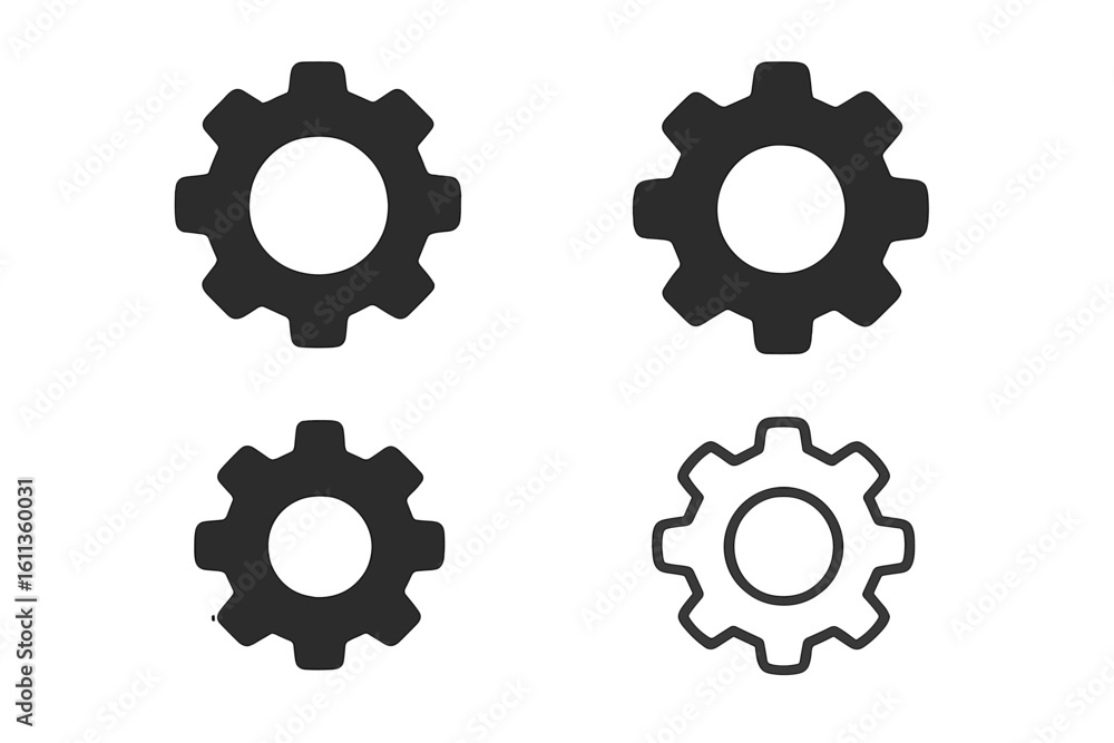 Poster settings gear cog icon set. configuration options symbols. technical mechanism elements. ui interfac