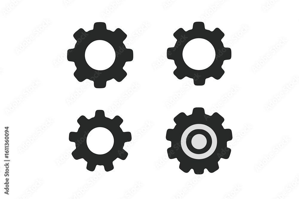 Poster settings cog gear icon collection. configuration preferences symbols set. web ui interface elements.
