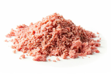 Pile of fresh ground meat on a white background, ideal for cooking various dishes like burgers or meatballs.