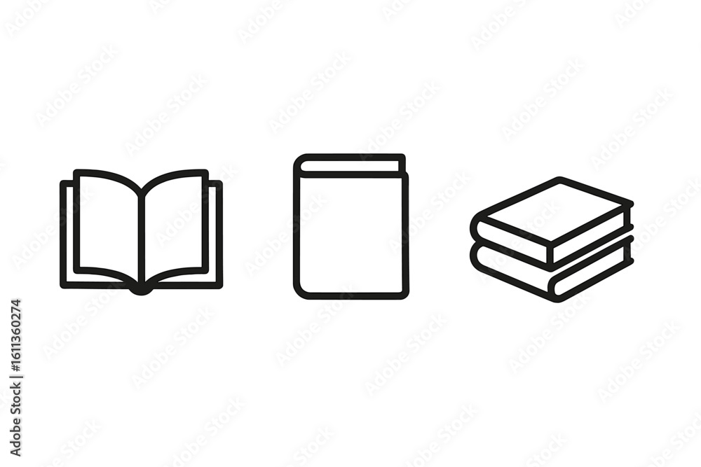 Poster simple book icon set collection. open closed stacked textbook symbols for education app ui website d