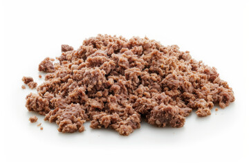 Pile of fresh ground meat on a white background, ideal for cooking various dishes like burgers or meatballs.