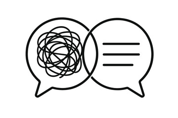 Mental health counseling icon: overlapping speech bubbles with chaotic scribble vs clean lines showing confusion to clarity, psychotherapy, brainstorming, problem solving symbol