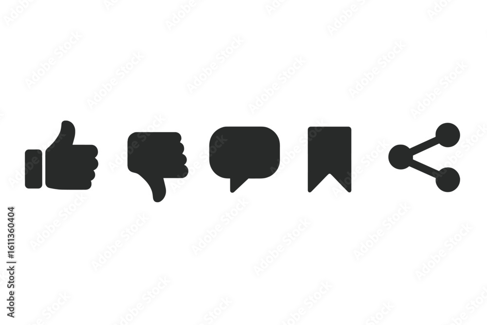 Poster social media feedback icon set with like dislike comment save share buttons. user interface elements