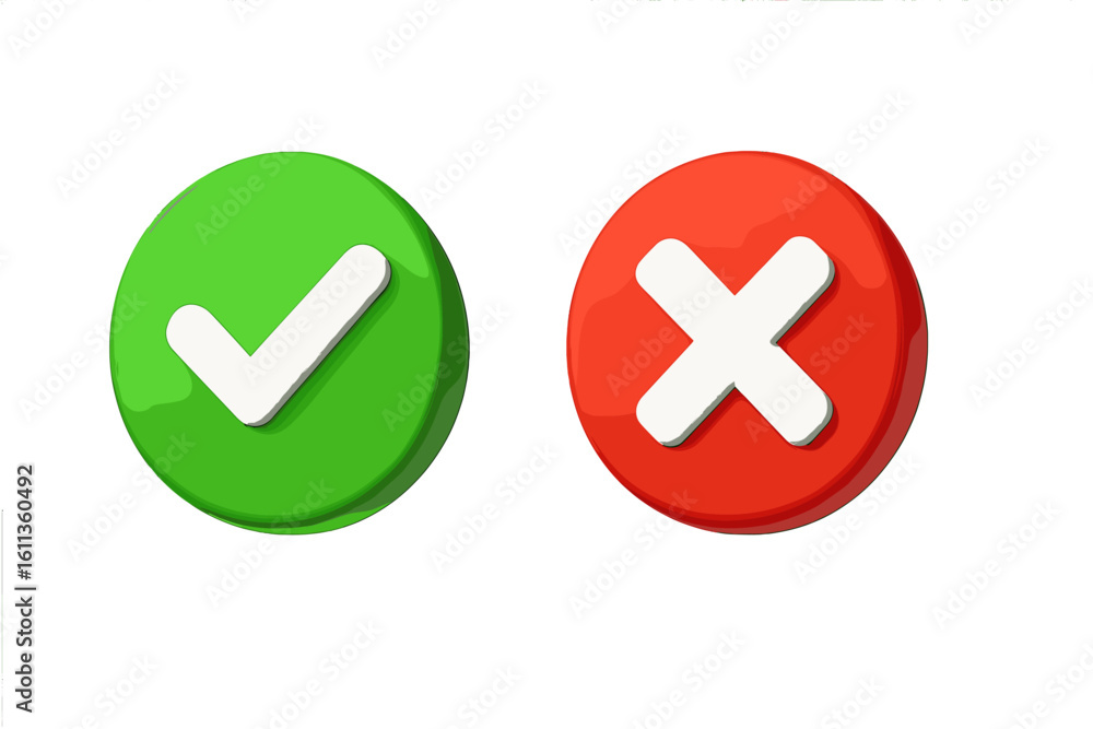 Poster green checkmark and red cross 3d buttons vector set. yes no decision symbols. accept reject icons. u