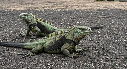 Obraz premium Two Green Iguanas Resting on Dark Gravel Surface in Outdoor Environment