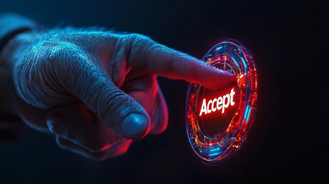 A hand presses a glowing "Accept" button
